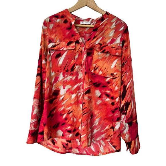 Calvin Klein Abstract Print Long Sleeve High Low Button Up Shirt Womens Medium - Picture 1 of 5